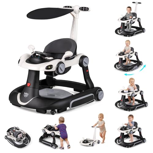 COSTWAY 7 in 1 Lauflernhilfe mit Verdeck, Lauflerwagen mit einstellbarer Höhe & Geschwindigkeit, Baby Walker klappbar mit Spielboard, Musik, Licht & Rädern, Gehfrei Baby ab 6 Monaten (Schwarz)