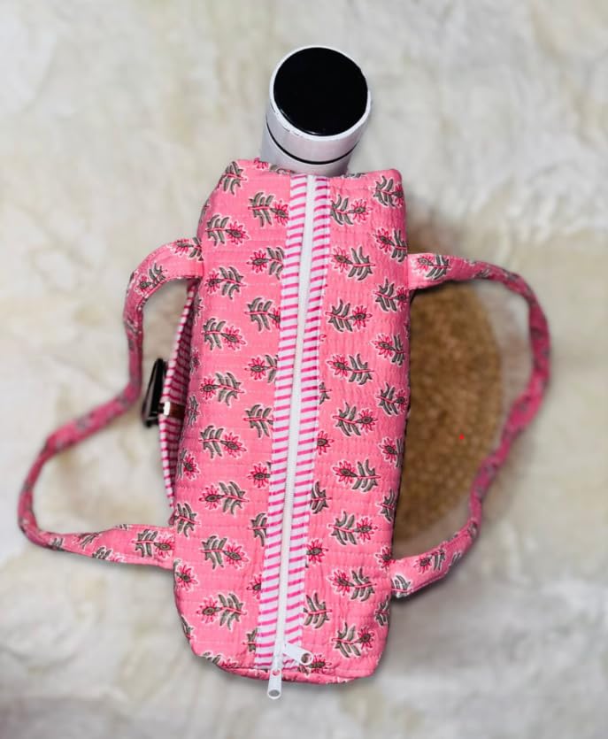 CottonHandloom Quilted Travel Duffle Weekender Bags for Women Carry on Overnight Bag with Toiletry Bag, Block print Gym Duffel Bag with Hospital gifts3