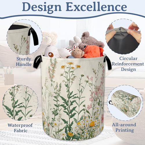 Image of Wildflowers Laundry Hamper With Handle,Foldable Oxford Cloth Vintage Herb Flower Botanical Laundry Basket,20.8 inchx16 inch Clothes Storage Basket for Laundry Room /Bedroom /Bathroom