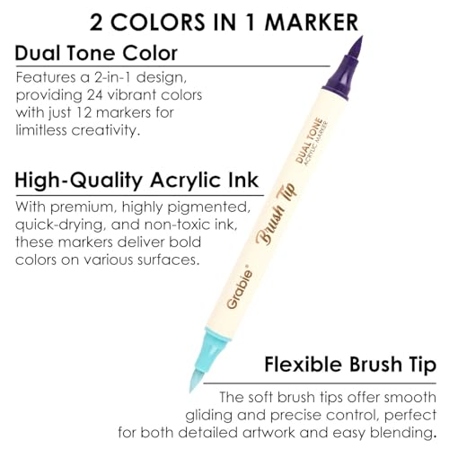 Image of Grabie 24 Colors Acrylic Paint Markers, 12 Pack Dual Tip Soft Brush Acrylic Markers, Water-Based Paint Pens for Paper, Rock Painting, Wood, Glass, Canvas, DIY Craft Art Supplies for Adult & Kids