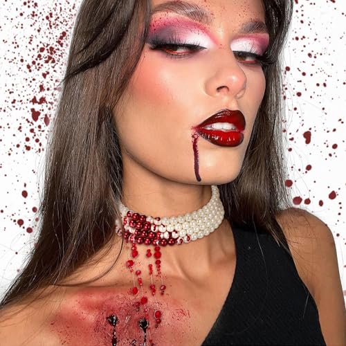 Flyonce Dripping Blood Choker Necklace, Cream Imitation Pearl Vampire Kiss Necklaces Halloween Bloody Costume Jewelry for Cosplay Party2