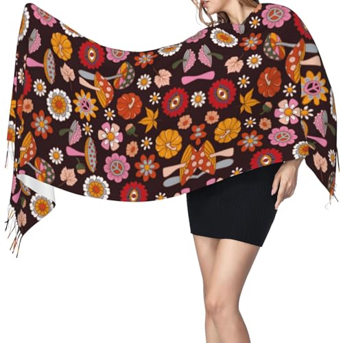 70s Groovy Hippie Retro Pashmina Shawls Scarf Wraps for Women, Fall Winter Large Blanket Scarf Fashion Scarves3