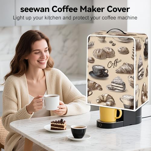 Image of Universal Coffee Maker Cover, Durable Polyester Lightweight Long-Lasting Dustproof Cotton Blend Appliance Protector for Kitchen Countertops (Brown and Soft White)