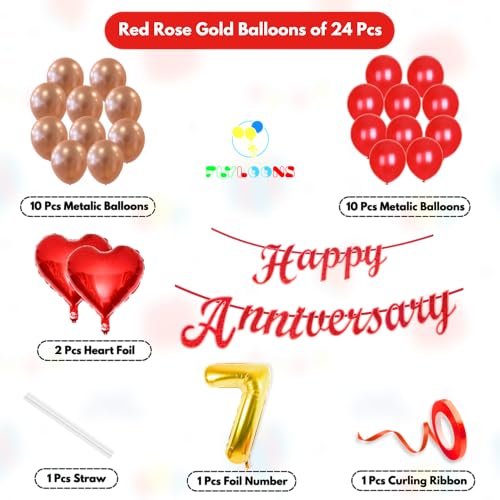 Image of Flyloons 7th Happy Anniversary Decoration Items Red Rose Gold for Men Women Husband Wife Mom Dad Parent Couple Home Bedroom Car With 20 Pcs Metallic Balloons Anniversary Banner 2 Pcs Heart Set Kit