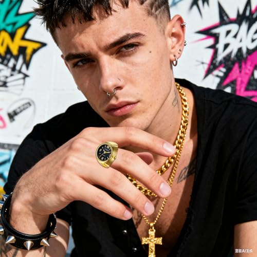 jewelrywe unisex finger ring watch retro gold stretchy elastic band men ladies round black dial quartz analogue lightweight novelty watches for halloween