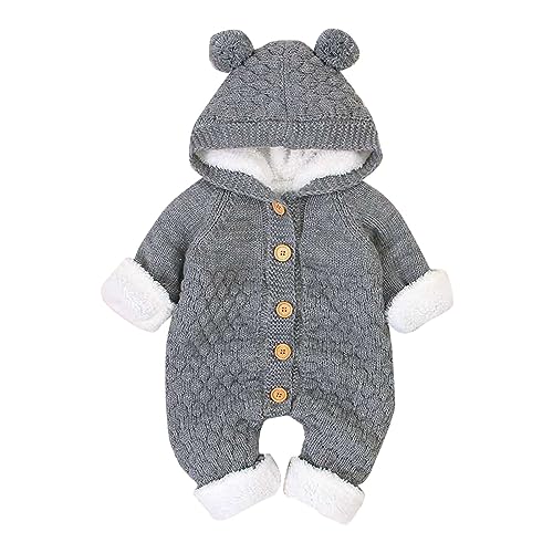 Image of Newborn Baby Jumpsuit Autumn Winter Solid Color Cartoon Buckle Up Knitted Snowsuit Infant Hooded Fleece Rompers