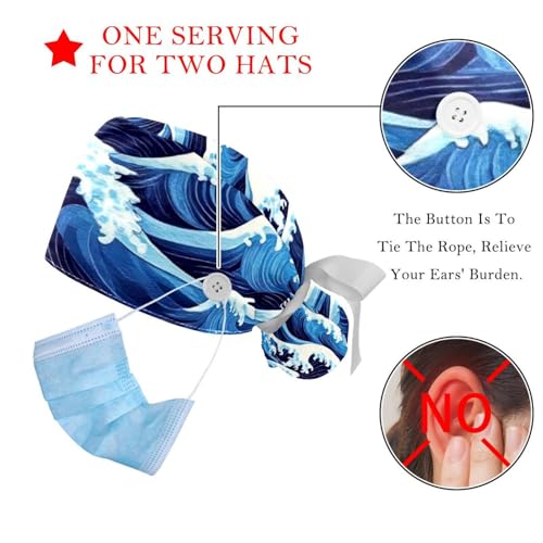 Image of 2 PCS Bouffant Cap with Button Ponytail Pouch Working Cap Sweatband Adjustable Surgical Cap Black and White Cow