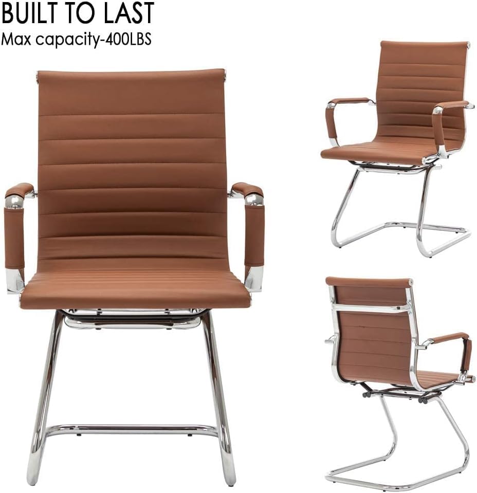 Image of HNY Leather Office Guest Chairs & Reception Chairs Set of 6, Modern Waiting Room Chairs with Arms, Desk Chair no Wheels with Sled Base for Waiting Room /Conference Room, Coffee