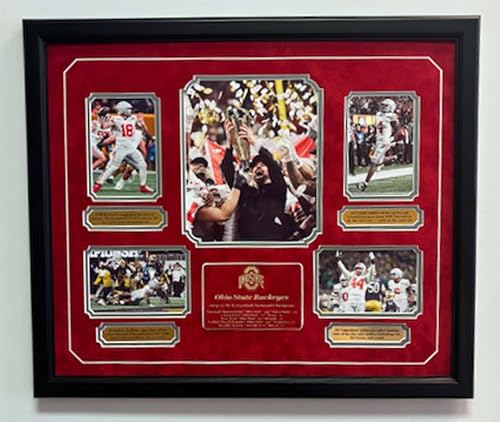 Ohio State 2025 National Champions multi photos professionally framed and double matted with engraved nameplates (Black)