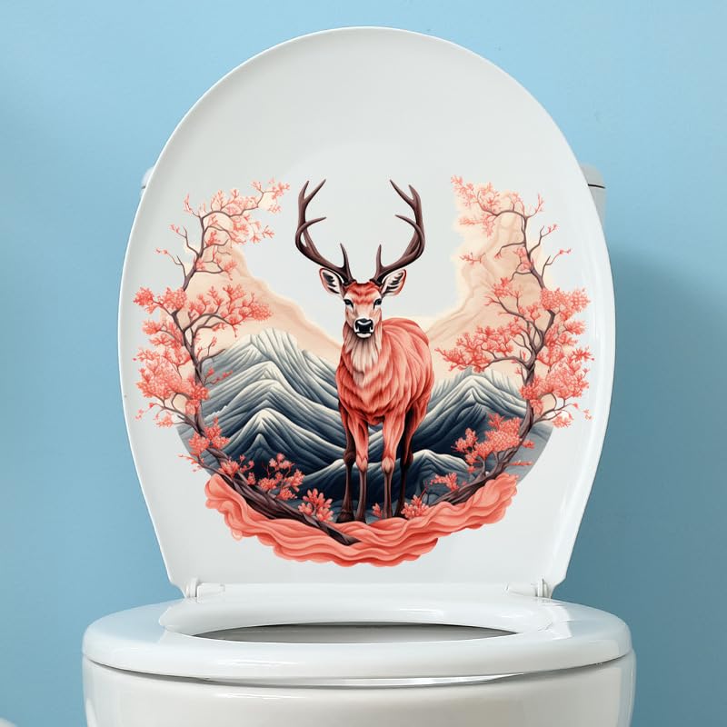 Colorful Deer Flower Toilet Cover Sticker Decals,Fish Bird Flower Leaf Waterproof Toilet Lid Tank Seat Decals Cistern Self-Adhesive Bathroom Wall Sticker