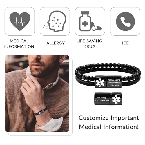 Csutom Medical Alert Bracelets for Men, 8.3" Leather Mens Medical Bracelet Engraved with Medic Info, Medic ID Bracelet for Allergy Autism Diabetic Epilepsy2