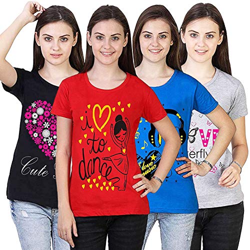 Image of Womens Regular Fit Half Sleeve Red,Black,Grey,Royal Blue T Shirt Pack of 4