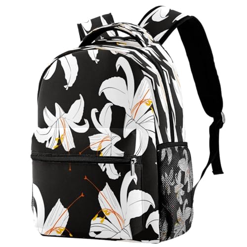 Sac à dos d'école fleurs blanches fond noir 29x20x40cm pour ado et voyage décontracté