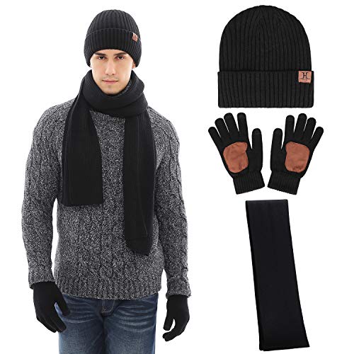 Men & Women Winter Knit Hat Beanie Long Scarf Touchscreen Gloves Set Skull Cap Neck Warmer Gloves Set With Fleece Lined Black #TOP6