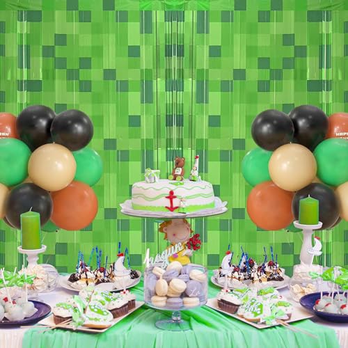 Image of Green Pixel Miner Foil Fringe Curtains - 2 Pack 3.3x6.6ft Metallic Video Game Birthday Photo Booth Backdrop, Door Streamers for Gamer Party Decorations & Room Wall Decor