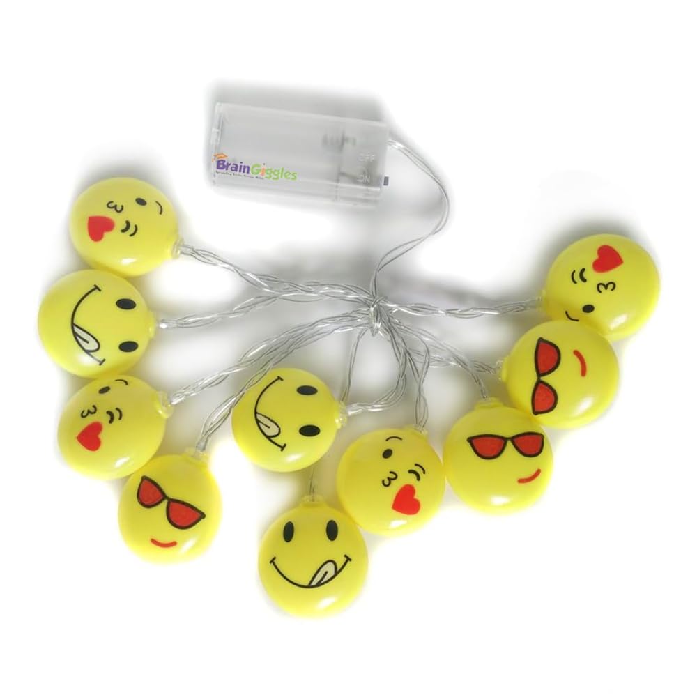 BrainGiggles 10pcs Emoji LED String Light - Emoticon LED Smiley String Light for Birthday Wall Decoration Battery Operated