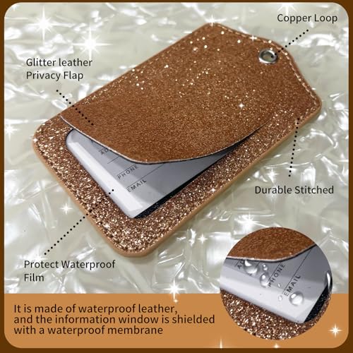 2 Pcs Luggage Tags for Suitcase, Cute Unique PU Leather Travel Bag Tag with Privacy Cover ID Label Address Card and Durable Metal Ring Suitable for Men Women Backpack (Glitter Gold)4