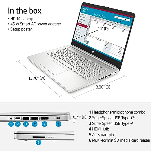 Image of HP 14 inch Laptop Computer, Intel Core i5-1135G7 up to 4.2GHz (Beat i7-1065G7), 32GB DDR4 RAM, 1TB PCIe SSD, 802.11AC WiFi, Bluetooth 4.2, Natural Silver, Windows 11 Home, BROAG Cable