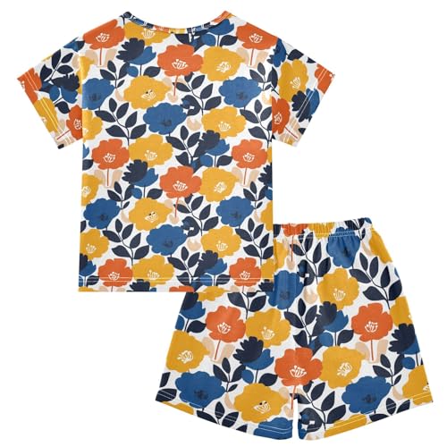 Blue Yellow Cute Flower Pattern Summer Cute Pajama Sets, Short Sets for Daily Wears and Sleep Wears2