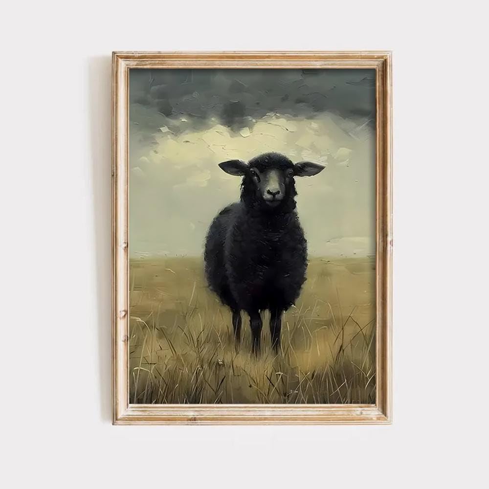 CAOXTART Nowoczesny minimalistyczny wystrój domu, czarna owca plakat z nadrukiem na płótnie: rustykalny dom sztuka ścienna vintage rustykalny obraz zwierzęcy (70 x 110 cm/rama wewnętrzna)