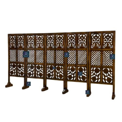 Image of Wooden Room Partition Screen with Burnt Wood Finish | Hand Buffed Traditional Handicraft Room Divider | Indoor Room Separator | Puja Room Divider (5 Panel 4 Feet with Stands)