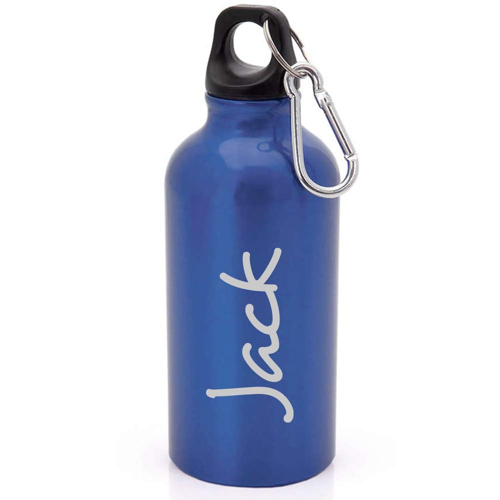 eBuyGB Personalised Any Name Lightweight Reusable Custom Engraved 400ml Aluminium Sports Water Bottle with Screw Cap & Carabiner (Blue - Stylish)