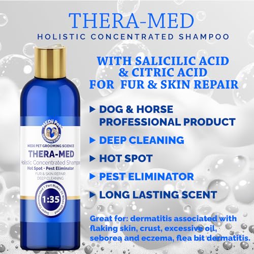 Image of THERA-MED Hypoallergenic Dog Shampoo - Natural Scent, Easy Rinse, Medicated Itch Relief, Vet-Grade Quality - 16 Oz Makes 4 Gallons - for Sensitive Dogs - Trusted Grooming Solution