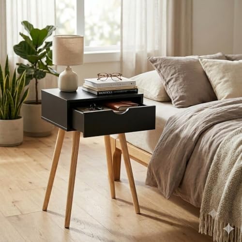 Image of Modern White Bedside Table with 1 Drawers & Wooden Legs | Compact Nightstand for Bedroom | Scandinavian Style Side Table with Storage for Home Living Room (Black, 1 Drawer)