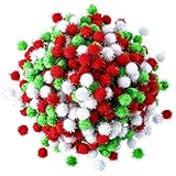 Hestya 500 Pieces 0.5 Inch Christmas Pompoms Glitter Pom Poms for Craft Making and Hobby Supplies (White, Light Green, Red)