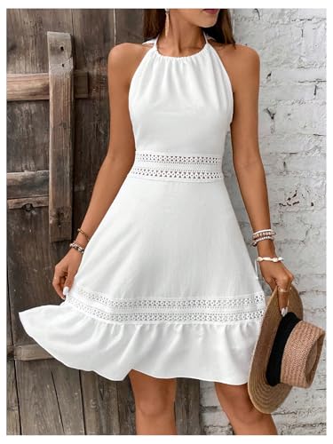 Image of Floerns Women's Contrast Lace Sleeveless Halter Dress Backless Vacation A Line Dress