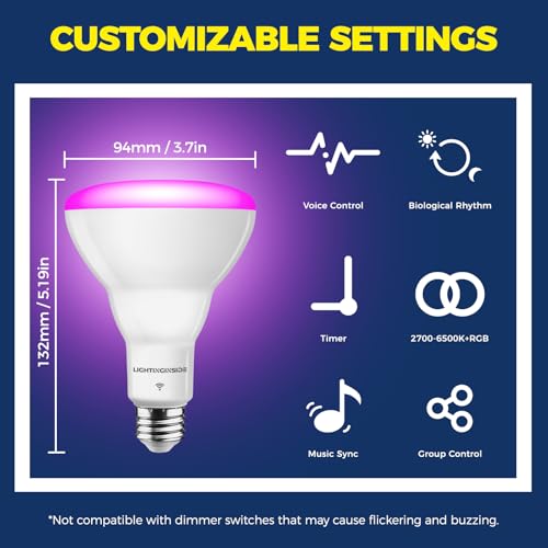 Image of Lightinginside Smart Light Bulbs 1100LM, BR30 E26 Smart Bulb Compatible with Alexa /Google Assistant /SmartLife, 12W 75W Equivalent, RGBCW 2.4GHz WiFi & BLE Bulbs, No Hub Required, ETL Listed, 4PCS