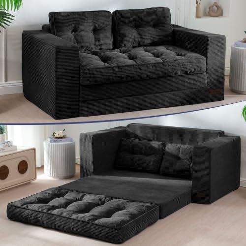 Image of MAXYOYO Convertible Sofa Bed, Pull Out Loveseat Sofa Couch, 2 in 1 Folding Couch Bed, Fold Out Floor Couch with Pillows for Living Room Bedroom Lounge, Black