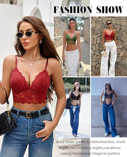 Image of Avidlove Lace Bralettes for Women V Neck Spaghetti Strap Bra Unpadded Tops Sexy Cami Crop Top Going Out Lingerie