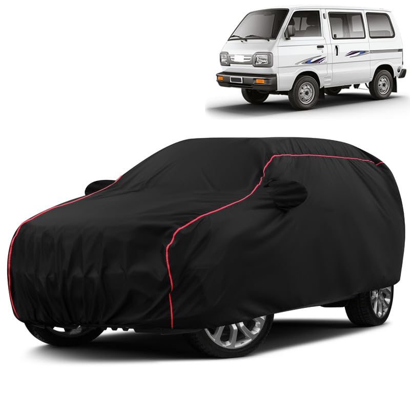 Image of Water-Resistant Dustproof Car Cover for Maruti Omni - Mirror Pocket, UV Protection, Scratch Guard, Buckle Belt, Front & Back Bottom Elastic with Red Piping - Black
