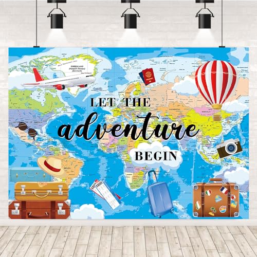 Toile de fond d'attente d'aventure, 208 x 5 mètres, toile de fond de photographie sur le thème du voyage, laissez l'aventure commencer carte du monde, remise...