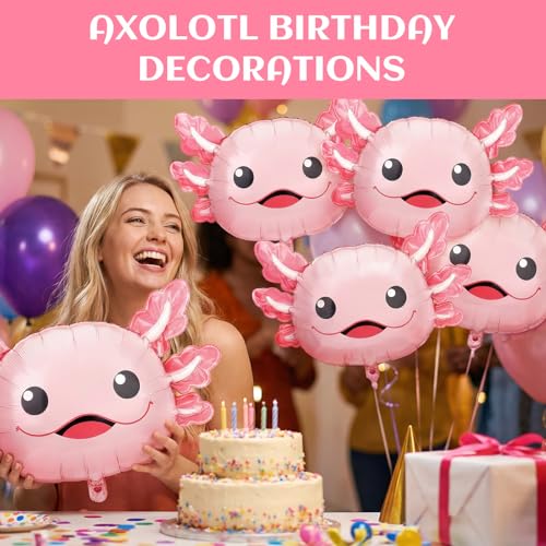 Image of 6 Pcs Axolotl Birthday Decorations, 26.8 inch Axolotl Balloon, Cute Inflatable Aluminum Foil Balloons, Summer Party Decorations, Beach Birthday Party Decorations, Axolotl Party Favors (Pink)
