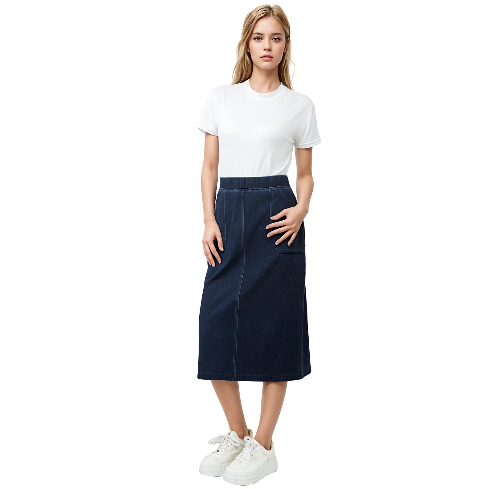 Faldas Vaqueras para Mujer, Mezclilla Lavada Azul Oscuro, Cintura Alta Elástica, Múltiples Bolsillos, Abertura Trasera, Faldas Midi De Corte A, Verano, Casual, Diario, Salir, Elegante, P