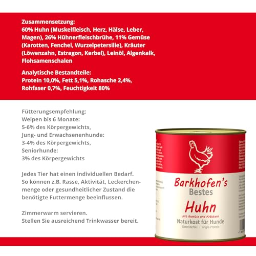 Barkhofen Tiernahrung Nassfutter für Ihren Hund 6X 800 g – Hundefutter nass & getreidefrei mit Huhn – Hunde Futter ohne Getreide