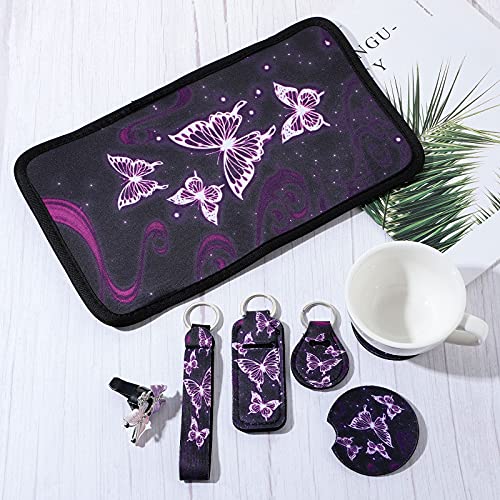 22 Pieces Butterfly Car Accessories Set, Center Console Armrest Pad Butterfly Car Seat Covers Steering Wheel Cover Headrest Seat Belt Cover Handbrake Gear Cover Keychain For Cars Suv Women(Purple) #TOP5