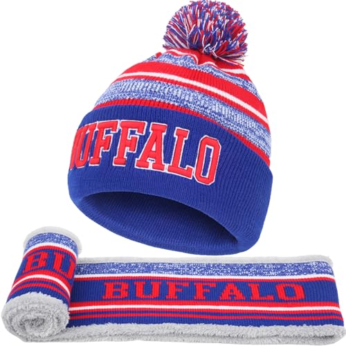 Buffalo Winter Beanie Hat Circle Scarf Set Warm Football Knit Beanie Hat Neck Warmer Scarves Stylish Pom Pom Beanie Cap Winter Gifts for Sport Fans with Stickers