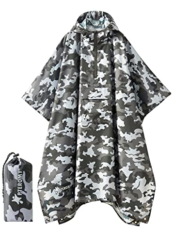 Image of PTEROMY Hooded Rain Poncho for Adult, Waterproof Lightweight Unisex Raincoat for Hiking Camping Emergency
