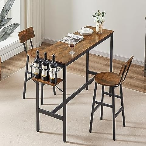 Bar Table Chairs Set,1 Table 2 Chairs with Folding Wine Rack for Kitchen Dining, Living Room,Apartment,Patio and Bar,for Breakfast Coffee,Wood and Metal Square Table,Wood Stool,Rustic Brown Cover