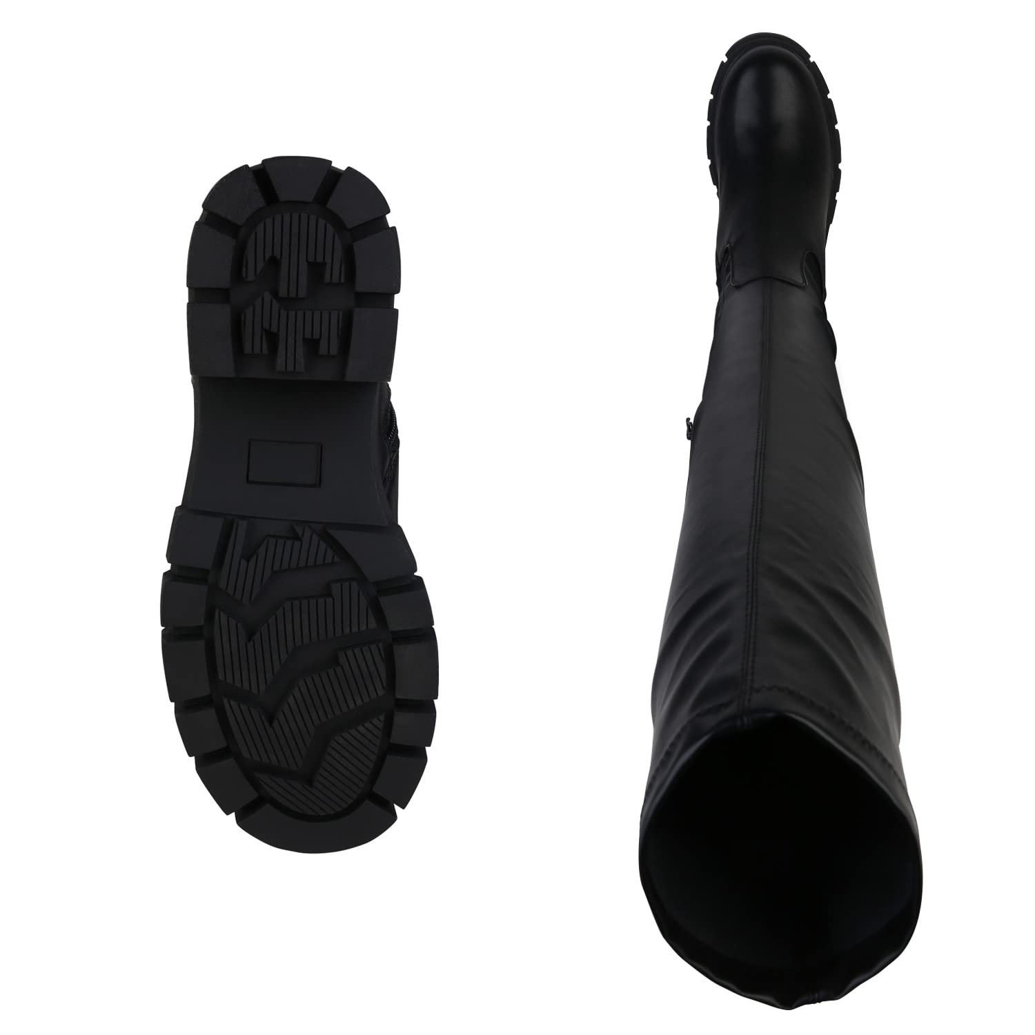 VAN HILL Damen Stiefel Overknees Leicht Gefüttert mit Blockabsatz Plateau Vorne Profilsohle