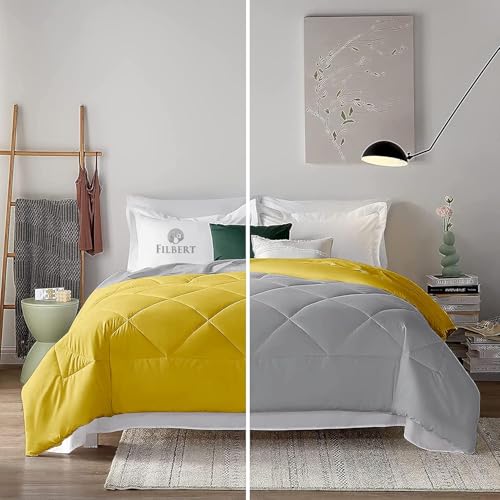 Image of Filbert 600 GSM Comforter for Double Bed | Super Warm Winter Quilt /Rajai | Thick Microfiber Blanket with Cloud-Soft Fill | Luxury Bedding for Winters - 90x100 Inch | Silver /Gold Yellow