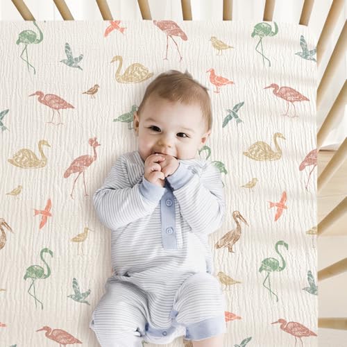 Image of Little Grape Land Muslin Crib Sheets Fitted for Boys and Girls 2 Pack, 100% Cotton Baby Bed Sheets Soft Breathable, Neutral Fitted Baby Mattress Sheets for Standard Crib 52x28 inches, Wetland Bird