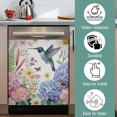 Image of Dishwasher Cover,Hummingbird Reusable Dishwasher Magnet Cover,Decorative Spring Hydrangea Wildflowers Magnetic Refrigerator Cover Front Panel Cover for Kitchen Decor 23x26 Inch