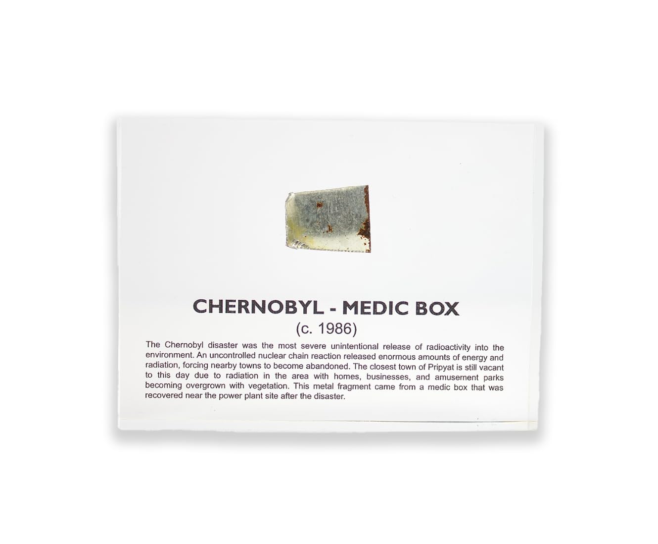Chernobyl Medic Box Fragment, Authentic Piece Recovered Near Power Plant Site, Encased in Crystal-Clear Lucite Acrylic, Handmade in The USA, Unique Nuclear Relic, for Display or Education Purposes
