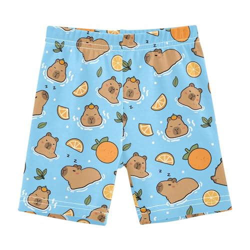 Cute Capybara with Oranges Blue Girls Shorts Elastic Waist Sports Shorts Girls Leggings Pants for 4-10 Years