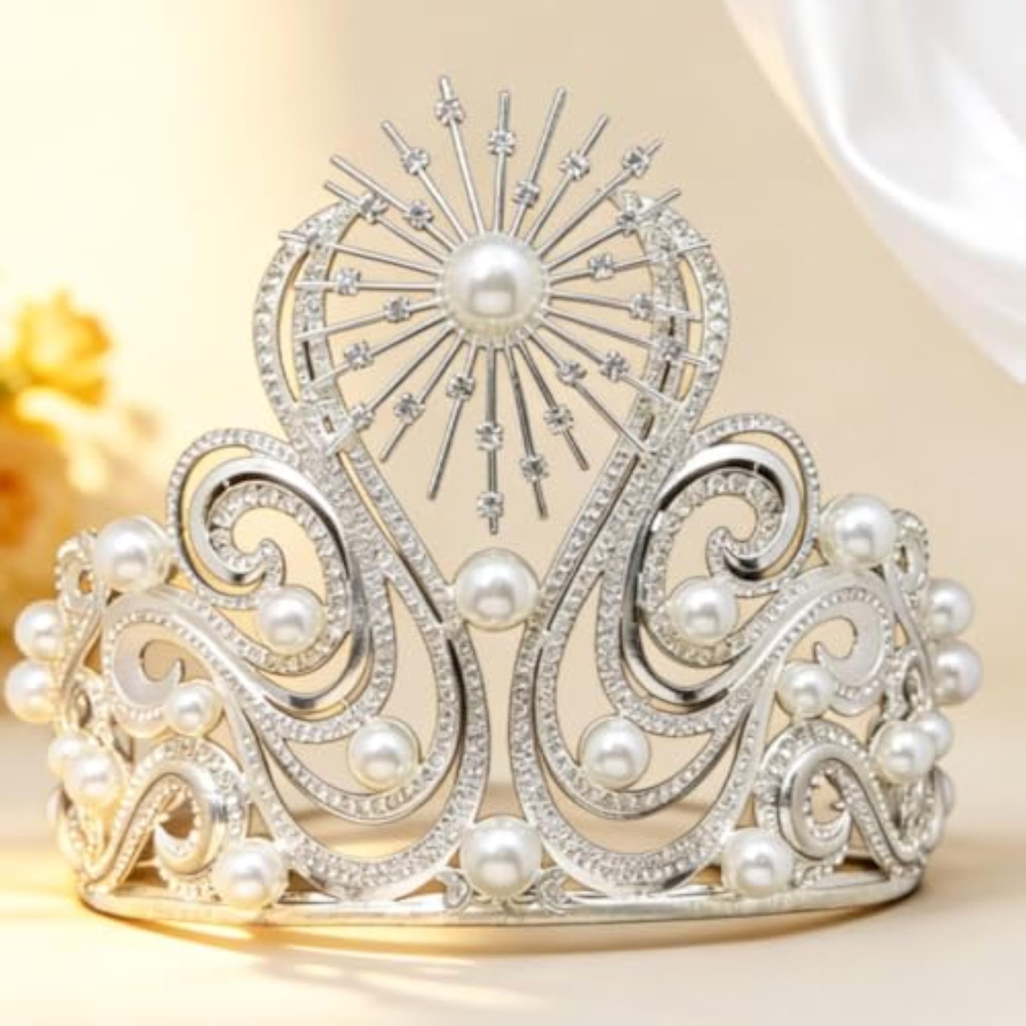 Rhinestone Baroque Crown, Ornate Tiara with Pearls