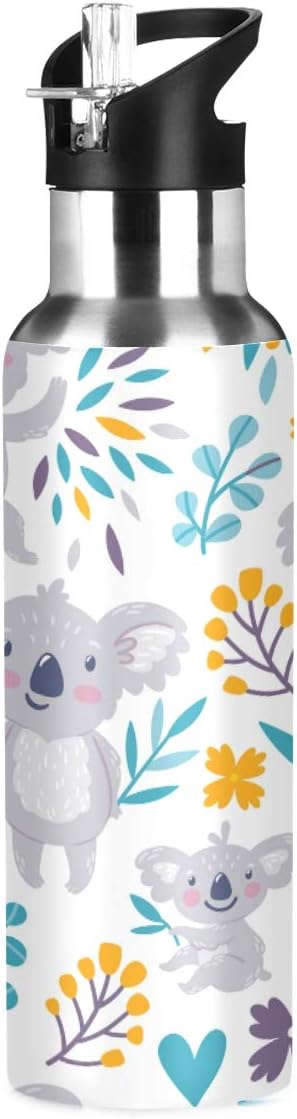 Nander Cute Koala Bears Water Bottle 22oz Double Wall Vacuum Insulated Leak Proof Stainless Steel Sports Water Bottle with Straw and Easy to Carry